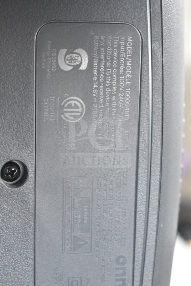 Onn large party speaker model 100094813, input 100V-240V, 50Hz-60Hz, 14.8V battery, 2500mAh. Store display.