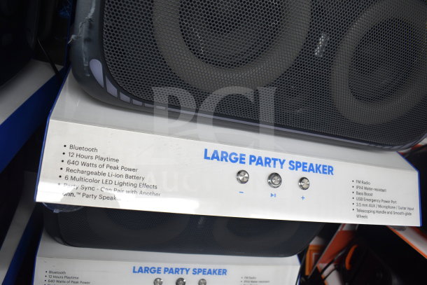 Onn Large Party Speaker display with Bluetooth, 12-hour playtime, 640 watts, LED effects, IPX4 water resistance, and USB port.