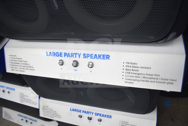 Onn Large Party Speaker store display, featuring Bluetooth, 12-hour playtime, 640W peak power, rechargeable battery, LED lighting, water resistance, and more.