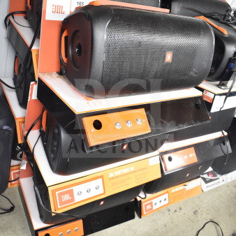 JBL Partybox 110 speaker store display, showing multiple units in new condition with original packaging and branding.