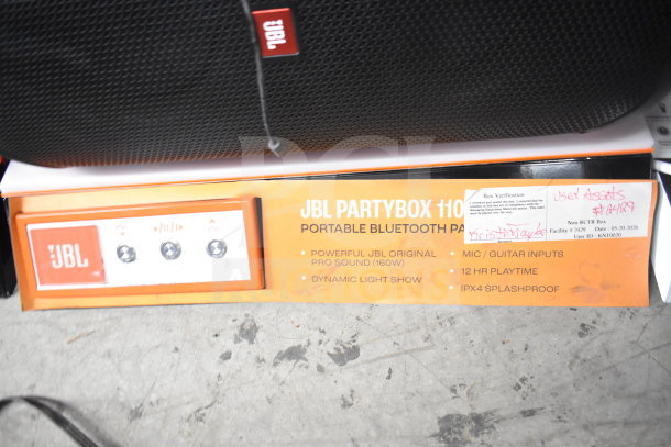 JBL Partybox 110 Speaker, portable Bluetooth, 160W sound, dynamic lights, mic/guitar inputs, 12-hour playtime, IPX4 splashproof.