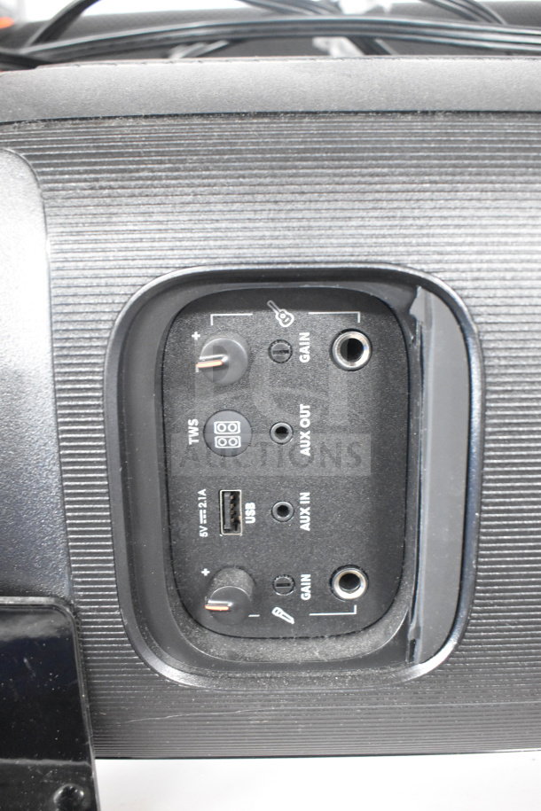 JBL Partybox 110 speaker panel showing volume controls, AUX input/output, USB port, and TWS function.