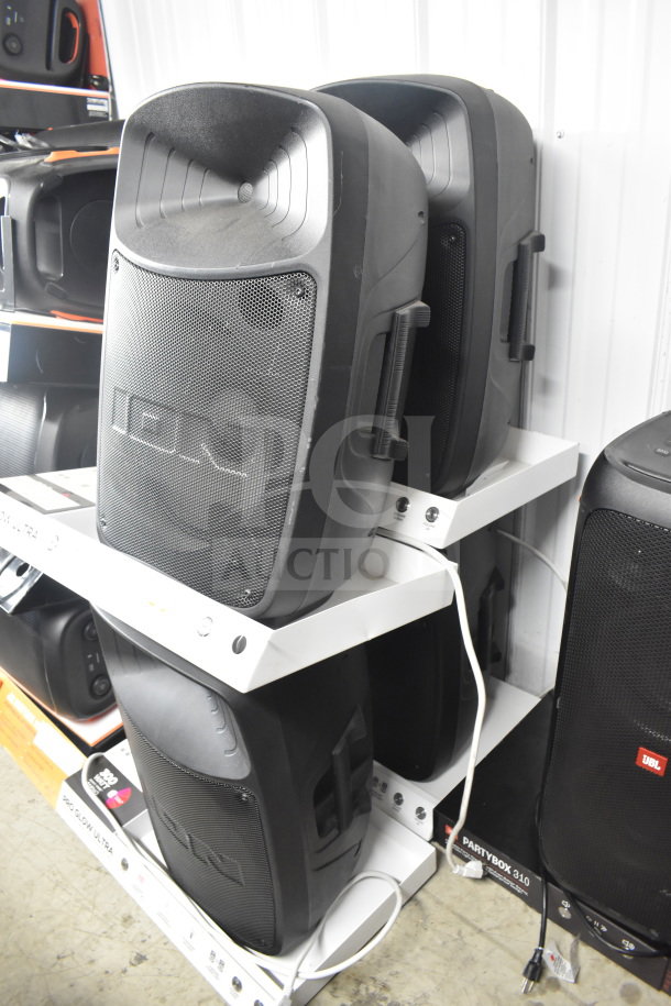 4-store display featuring Ion Pro Glow Ultra speakers. Black, durable, with handles. "ION" logo visible, excellent condition.