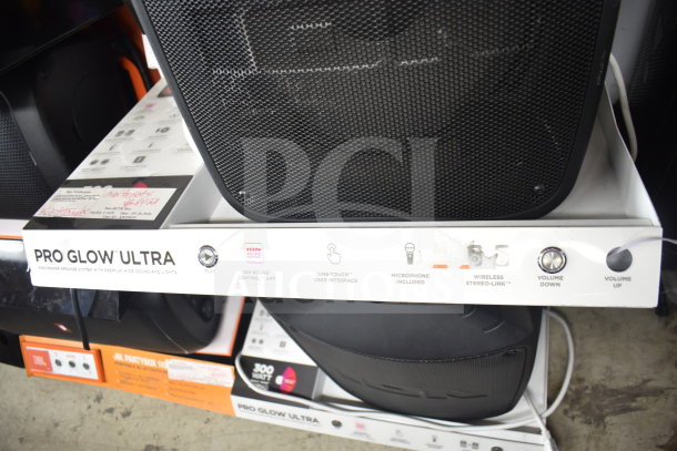Ion Pro Glow Ultra speaker display, featuring a high-power system with wide sound and lights. Includes microphone and volume controls.