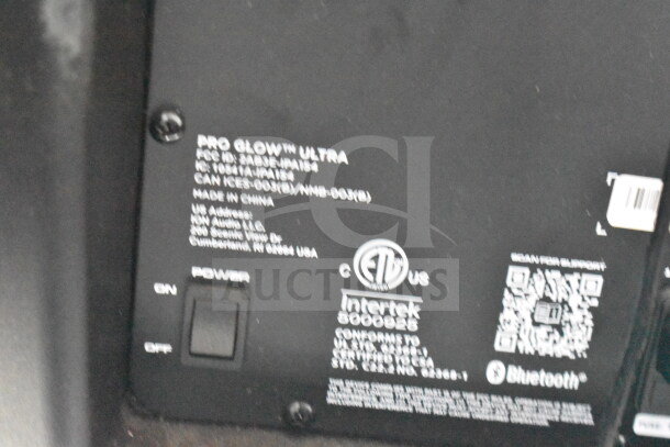 Ion Pro Glow Ultra Speaker label showing model, FCC ID, Intertek certification, and Bluetooth capability.