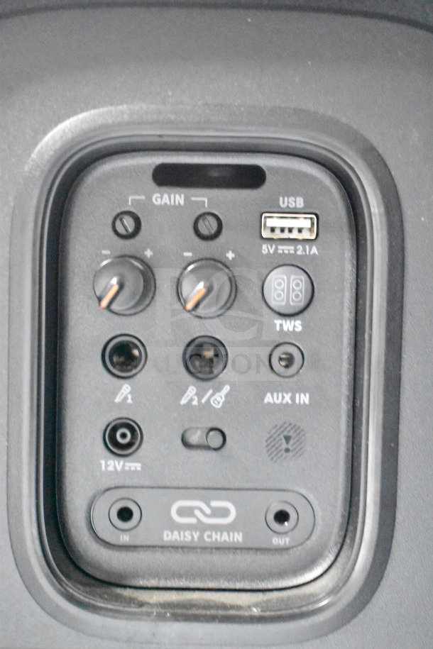 Control panel of JBL Partybox 310 speaker showing USB, gain controls, TWS, AUX in, 12V, and daisy chain connections.