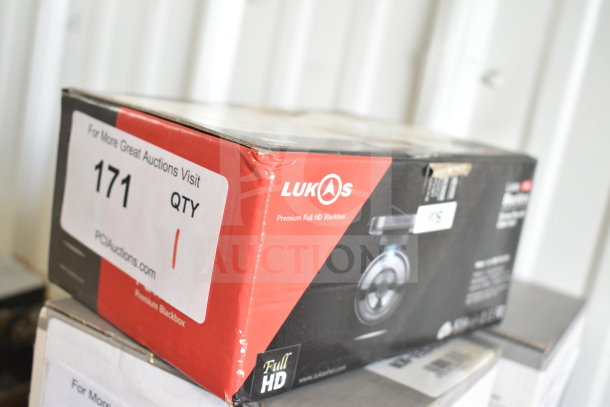 Lukas Blackbox Driving Recorder in original box, full HD, model shown with label "171 QTY 1" and auction site URL.