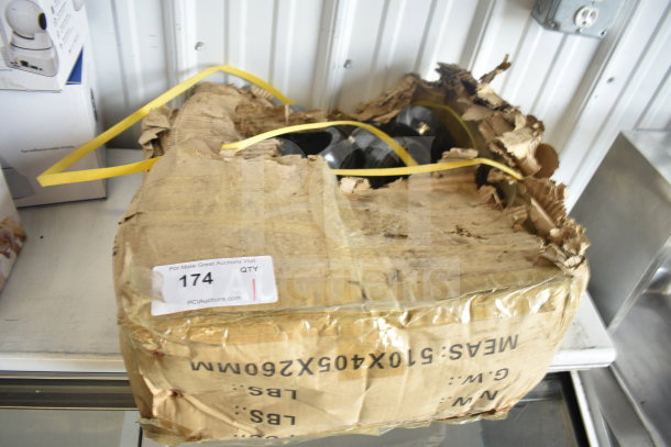 Box of 10m cables in damaged original packaging; visible label "174 QTY" from PCIAuctions.com.