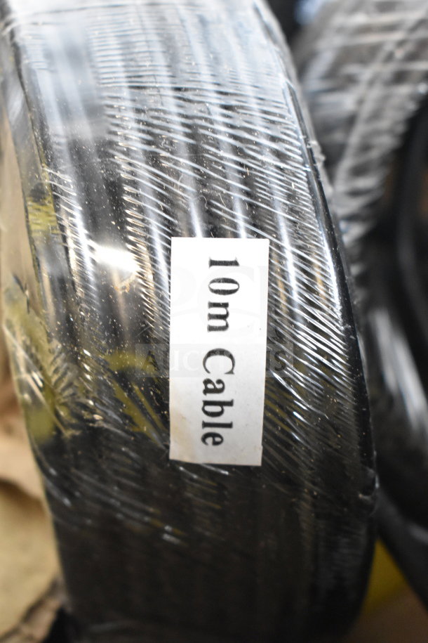 Alt text: "Sealed box of 10m cables, labeled '10m Cable,' in original packaging, highlighting key product details."