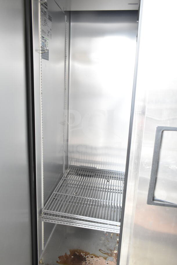 2024 True T-35-HC commercial cooler, two-door, stainless interior, commercial casters, 115 volts, model label visible.