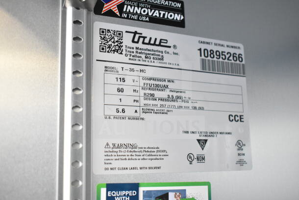 Label of 2024 True T-35-HC commercial cooler, shows model, specifications like 115V, R290 refrigerant, UL certifications.