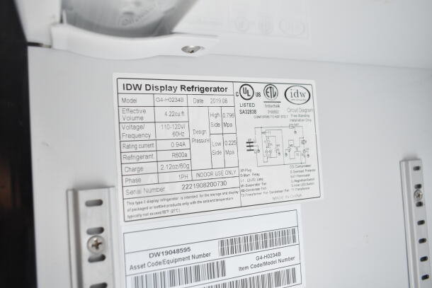 2019 IDW G4-H0234B Mini Cooler, 115V, 1 Phase. Features 4.22 cu. ft. capacity, R600a refrigerant. Serial no. 2221908200730.