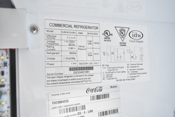 2023 IDW G-4SI-N-2-3-4-B-5 Mini Cooler Merchandiser label; 4.3 cu. ft., 115V, 1 phase, R600a refrigerant, UL certified.