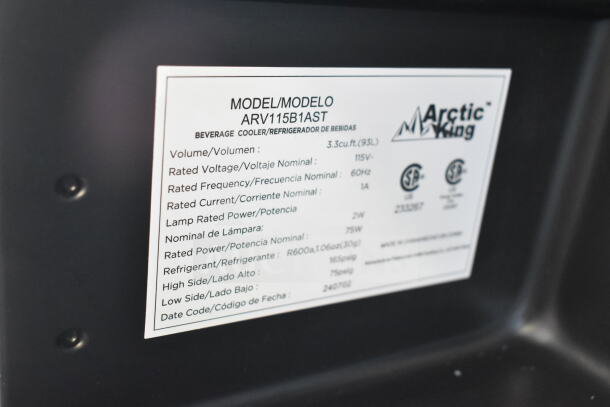 Arctic King ARV115B1AST Mini Cooler, 115V, 1 Phase, 3.3 cu. ft., Label shows specifications and certifications.