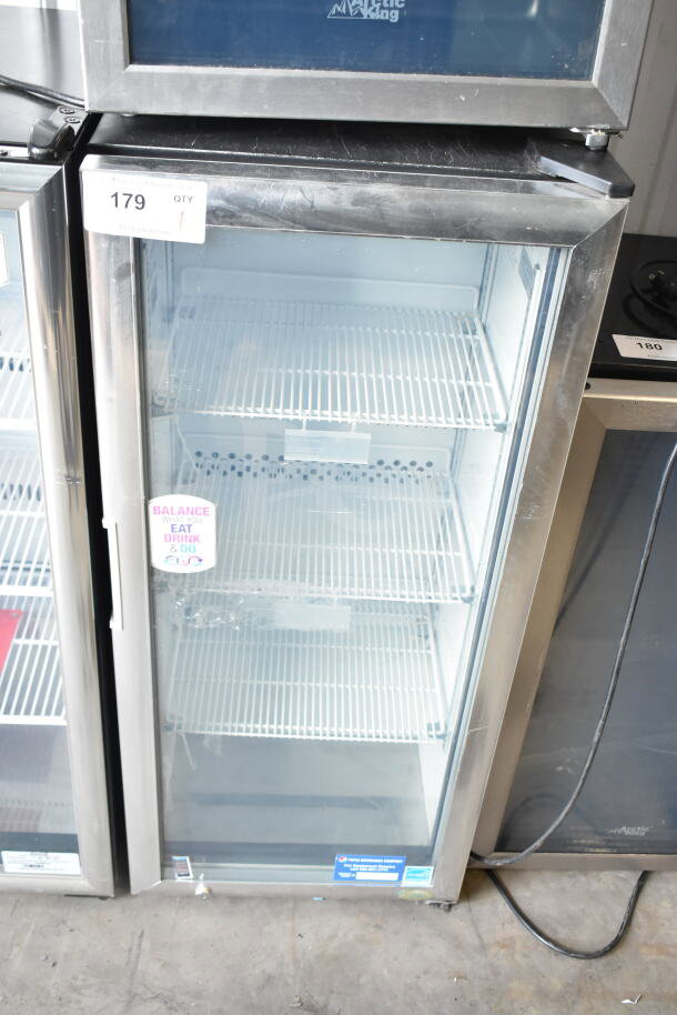 2019 IDW G4-H0234B Mini Cooler Merchandiser, glass door, 115V, 1 phase, shelves inside, good condition, label visible.