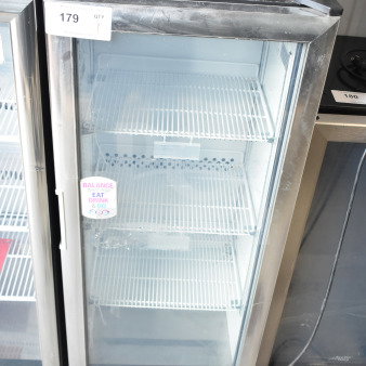 2019 IDW G4-H0234B Mini Cooler Merchandiser, glass door, 115V, 1 phase, shelves inside, good condition, label visible.