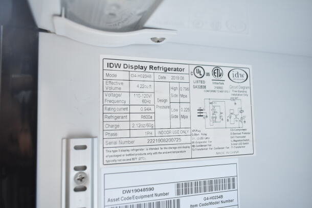 2019 IDW G4-H0234B Mini Cooler Merchandiser label detailing model, voltage, refrigerant, and usage specifications.