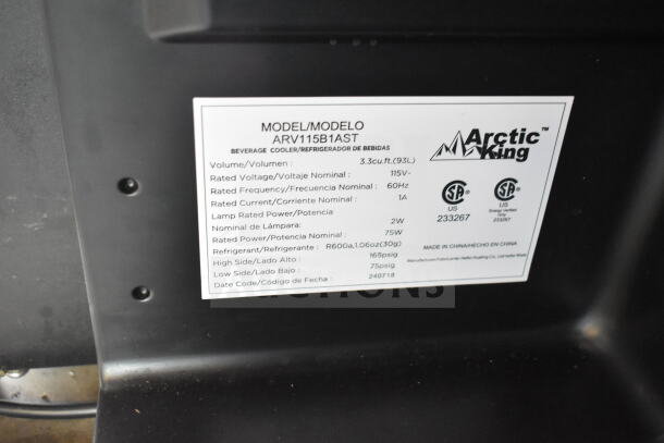 Arctic King ARV115B1AST Mini Cooler Merchandiser, 115V, 1 Phase, 3.3 cu.ft capacity. Model label details specs.
