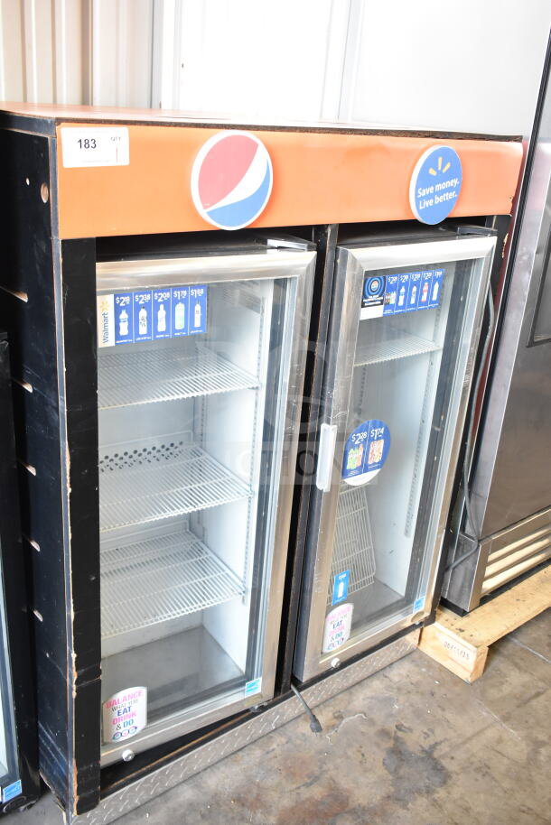 IDW G4-H0234B mini cooler merchandiser, 2019 model, 115 volts, 1 phase. Double door, transparent glass, visible interior shelving.