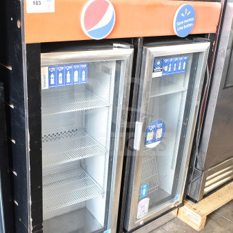 IDW G4-H0234B mini cooler merchandiser, 2019 model, 115 volts, 1 phase. Double door, transparent glass, visible interior shelving.
