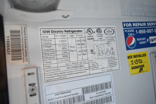 IDW G4-H0234B mini cooler label, showing specs: 115 volts, 1 phase, 4.22 cu ft volume, R600a refrigerant.