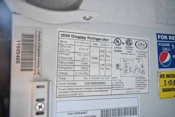 IDW G4-H0234B mini cooler label showing specifications: 115 volts, 1 phase, 4.22 cu.ft., R600a refrigerant, 2019 model.