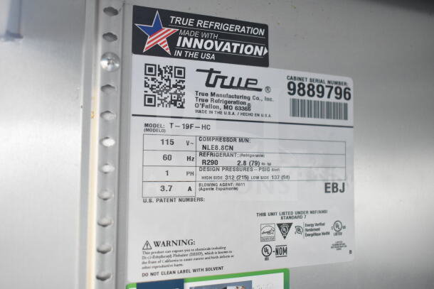 Label of 2019 True T-19F-HC Commercial Single Door Freezer, 115V, 1 Phase, showing model, specs, and compliance info.