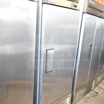 2018 True T-19F-HC single door reach-in freezer, stainless steel, on casters. 115V, 1 phase. Appears in good condition.