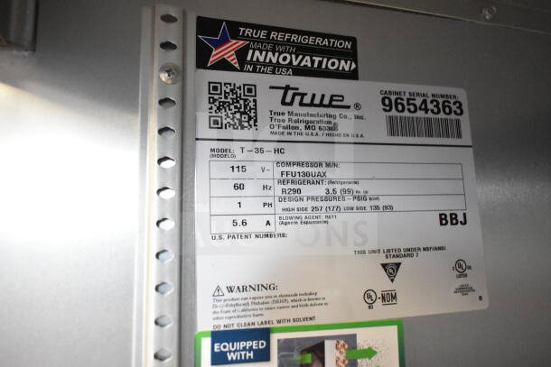 Label of 2019 True T-35-HC Commercial Cooler, 115V, 1Ph. Shows model, refrigerant type, and certifications.