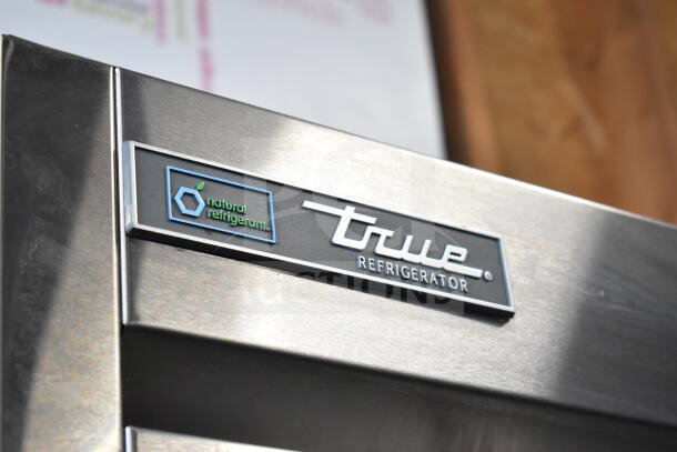 2019 True T-35-HC Commercial 2 Door Reach In Cooler, stainless steel, natural refrigerant label visible.