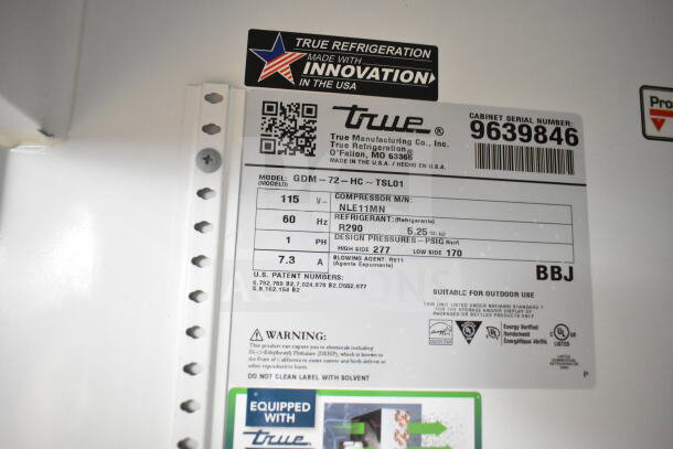 2019 True GDM-72-HC 3 Door Reach-In Cooler tag, 115 Volts, R290 refrigerant, serial number 9639846, made in USA.