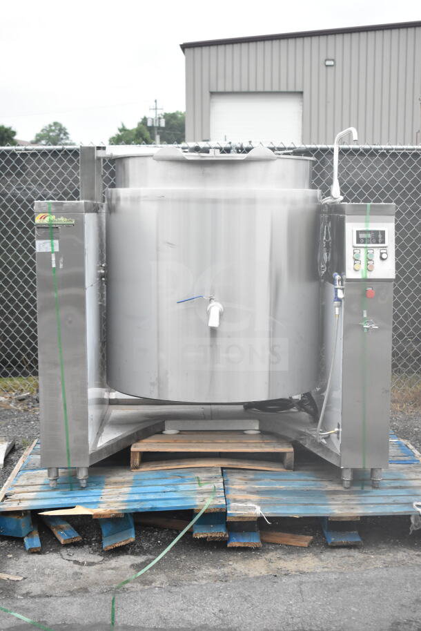 C2C CZC-13F industrial induction kettle mixer, 150L, with agitator, tilting feature, 380V, 3-phase, on pallet.