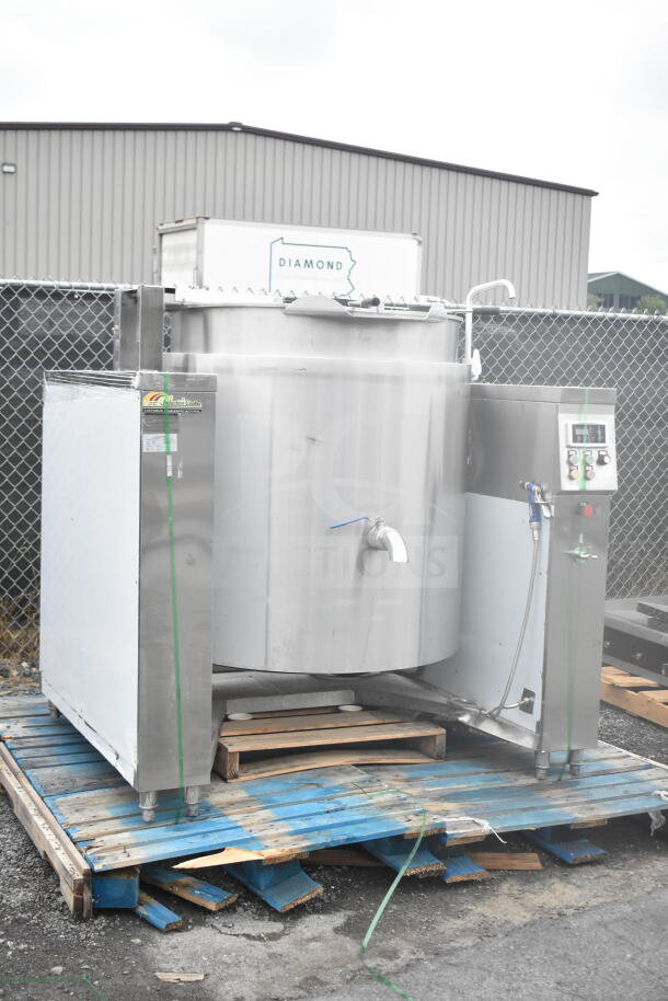 C2C CZC-13F industrial induction tilting cooking kettle with agitator, 150L capacity, 380V, 3-phase, in good condition.