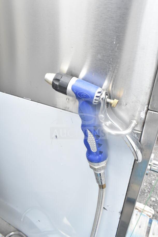 C2C CZC-13F induction cooking kettle mixer, 150L capacity, 380V, 3-phase, features an agitator. Shown with attached hose.