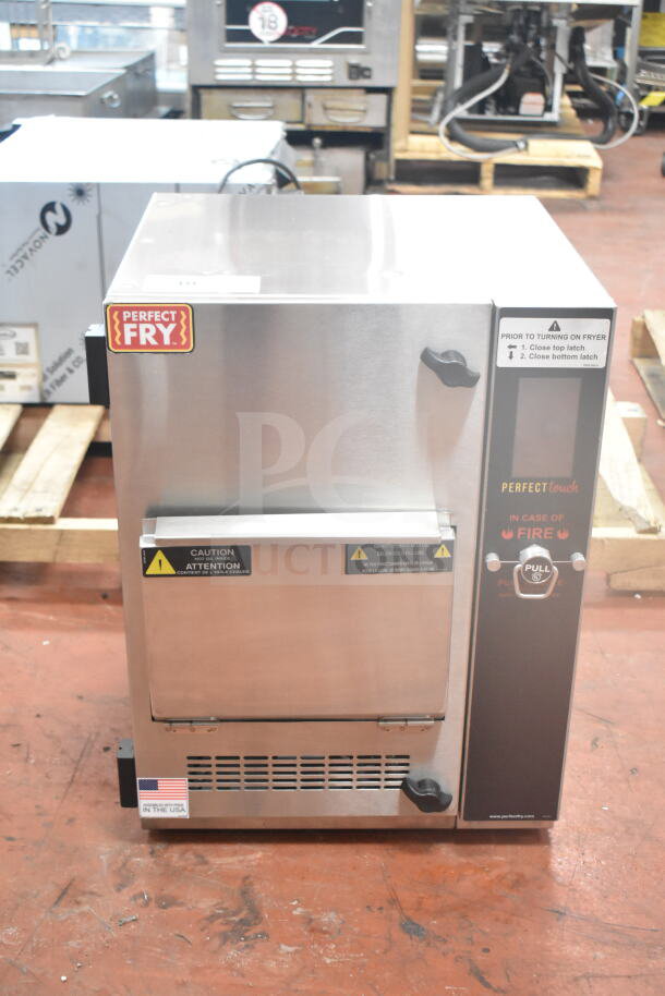 Brand new Perfect Fry PFC730 ventless countertop fryer, semi-automatic, 230/400V, 3-phase, with caution labels.
