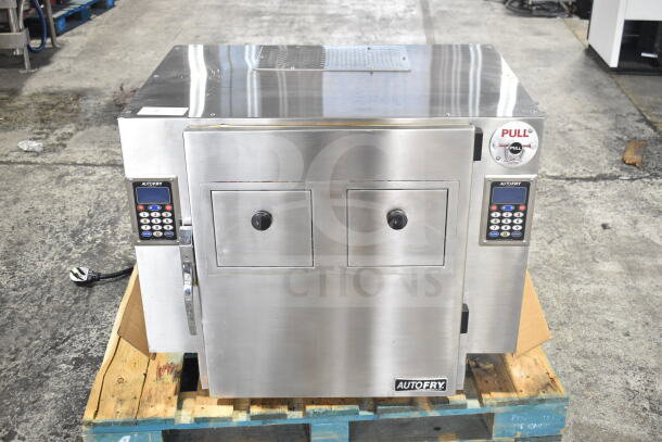 2016 Autofry MTI-40C commercial ventless fryer, stainless steel, 240V, 1 phase, dual compartments, keypad controls, used.