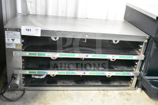 Prince Castle EHB34A-2 holding bin, 208-240V, stainless steel, three compartments, commercial use, minor wear.