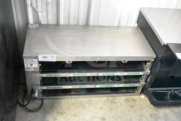 Prince Castle EHB34A-2 Holding Bin, 208-240V, stainless steel, three-tier, auction tag visible, commercial use.