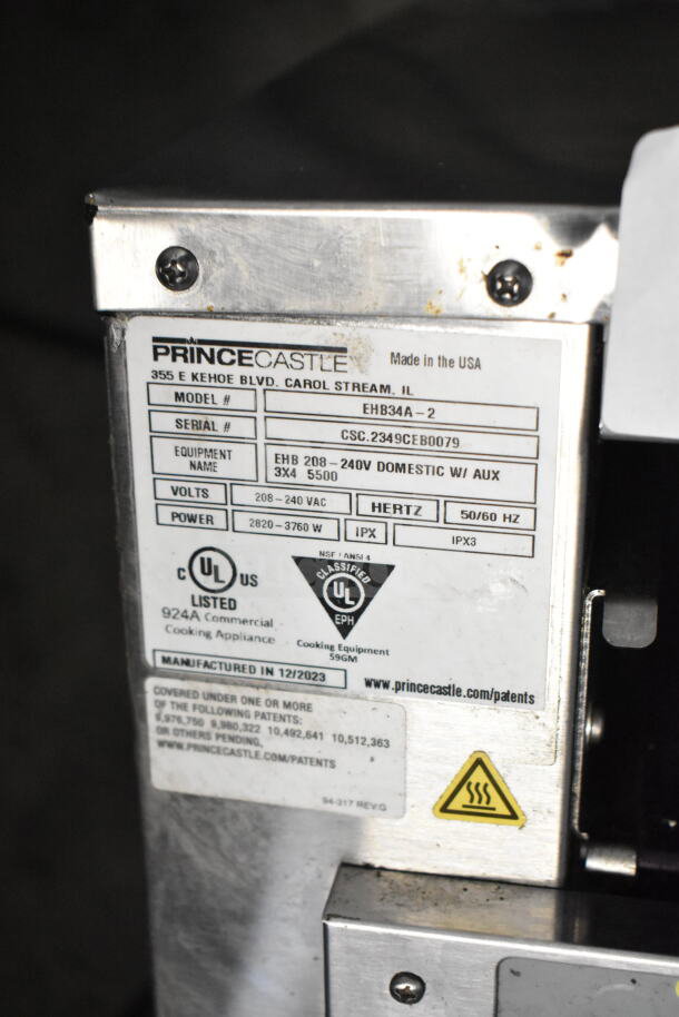 Prince Castle EHB34A-2 Holding Bin, 208-240V, UL listed, patent info visible, manufactured 12/2023.