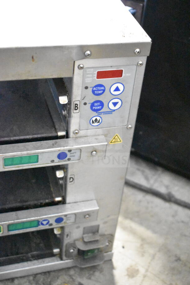 Prince Castle EHB34A-2 holding bin, 208-240V, adjustable temp controls, stainless steel, slight wear shown.