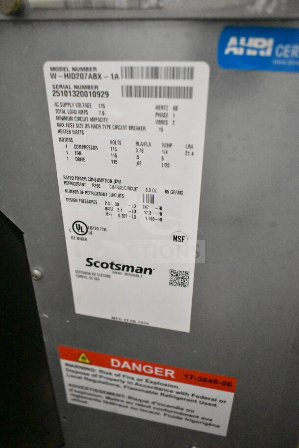 Scotsman W-HID207ABX-1A commercial ice dispenser, model info and warning labels visible, 2025 make, 115V.