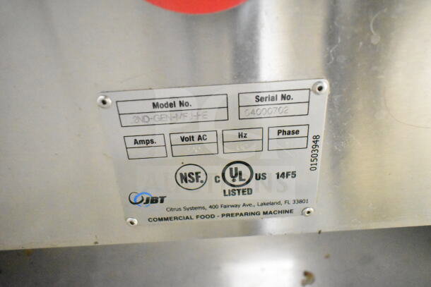 JBT 2ND-GEN-MFJ-HE citrus juicer label showing model, serial number C4000702, NSF and UL listed, 115V.
