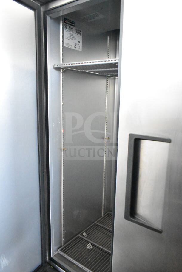 2018 True T-35-HC Commercial 2 Door Reach In Cooler, 115V, 1 Phase, stainless steel, open door view, shelves visible.