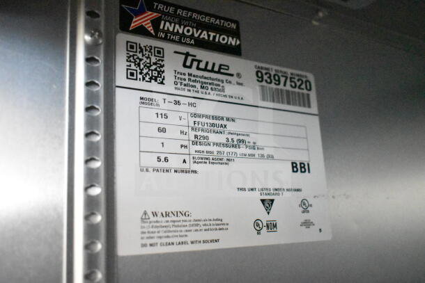 2018 True T-35-HC Commercial Cooler label. 115 Volts, 1 Phase. Model: T-35-HC. Compressor: FFU130UAX. Refrigerant: R290.