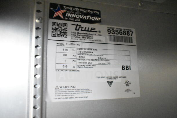 2018 True T-35-HC commercial cooler label detail, model, voltage, and certifications shown.