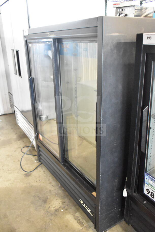 True GDM-41SL-60-LD commercial cooler, 2-door, black frame, glass doors, 115V, 1 phase, shelving interior.