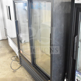 True GDM-41SL-60-LD commercial cooler, 2-door, black frame, glass doors, 115V, 1 phase, shelving interior.