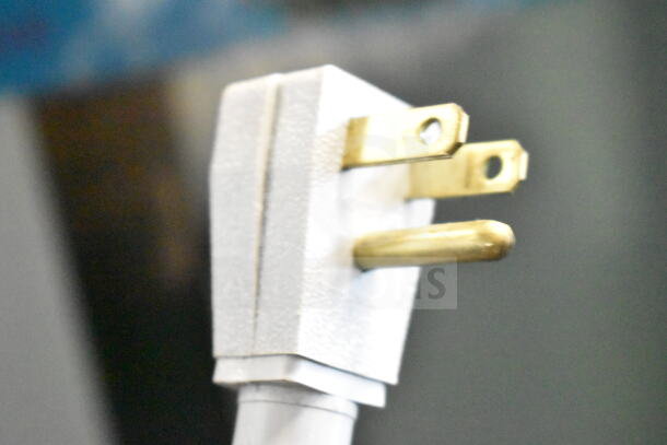 True GDM-41SL-60-LD commercial cooler power plug, 115 volts, 1-phase, close-up showing prongs.