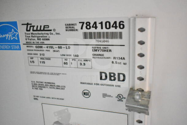 True GDM-41SL-60-LD Cooler label; 115V, 1 phase, R134A refrigerant, NSF, UL listed, serial number 7841046.