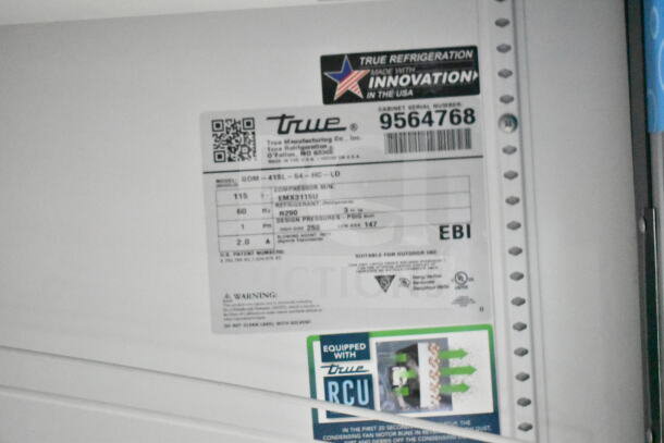 2019 True GDM-41SL-54-HC-LD cooler label, model info, 115V, 1 phase, made in USA, features energy-efficient design.